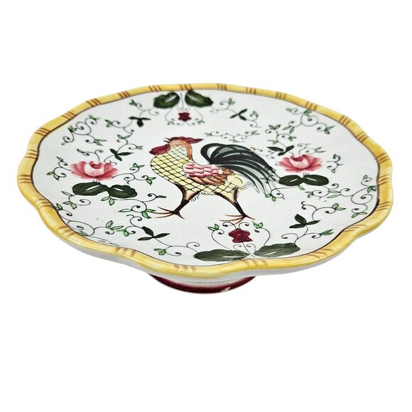 Early Provincial Round Compote Rooster Roses Ceramic Hand Painted UCAGCO Japan - Picture 1 of 10